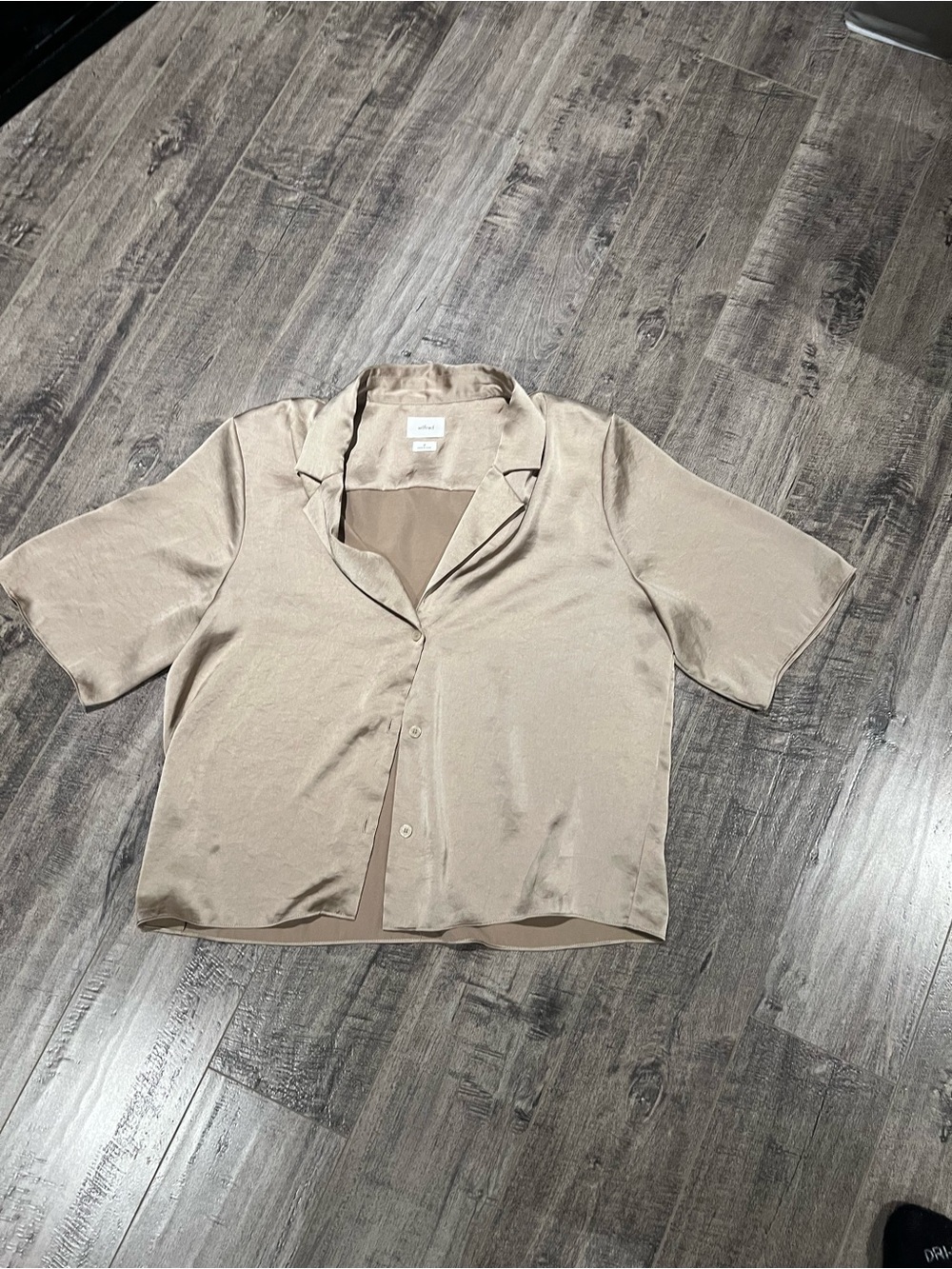 Wilfred Short-Sleeve Satin Button-Down Top in Beige